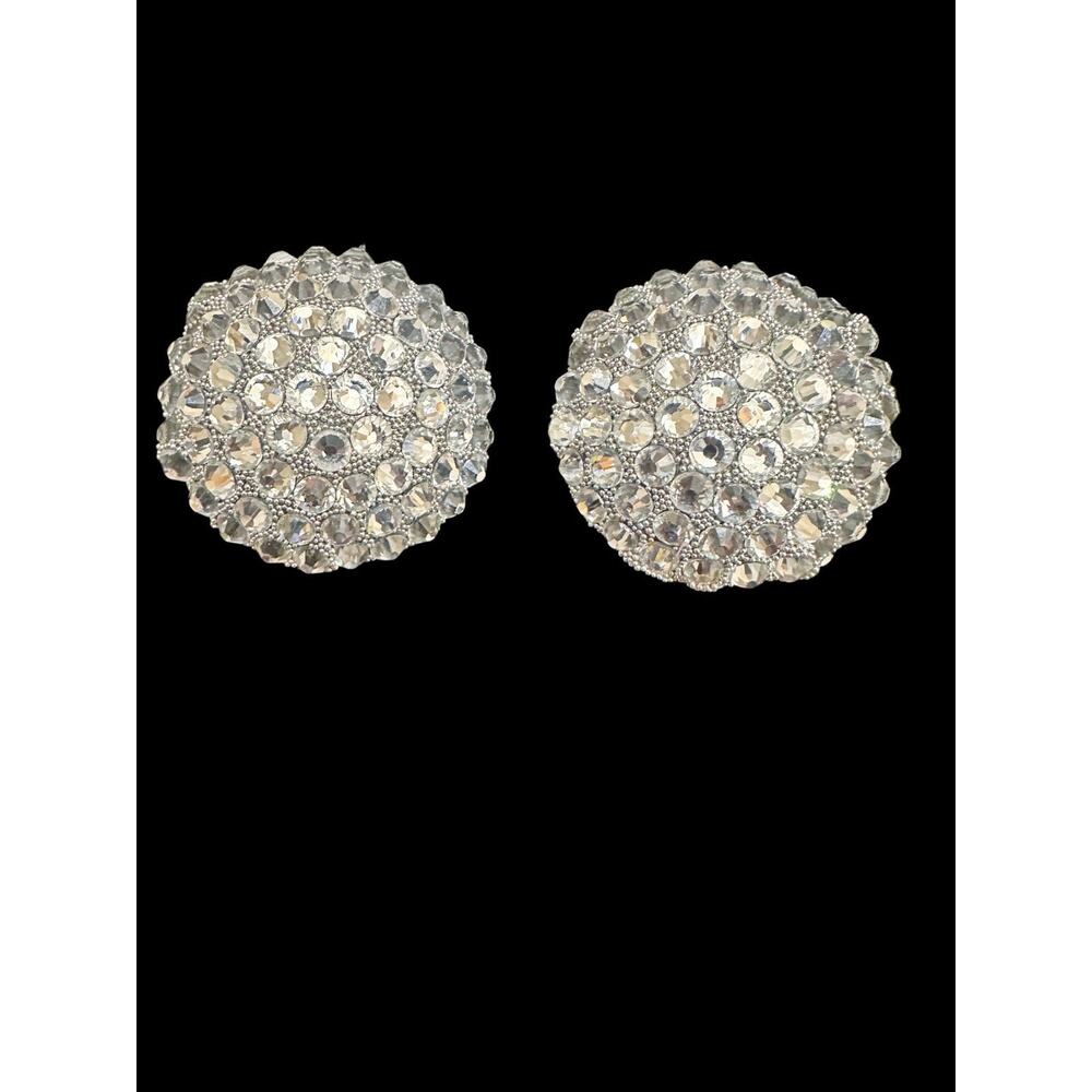 Vintage Clear Rhinestone Dome Clip Earrings Silver Tone Statement Jewelry